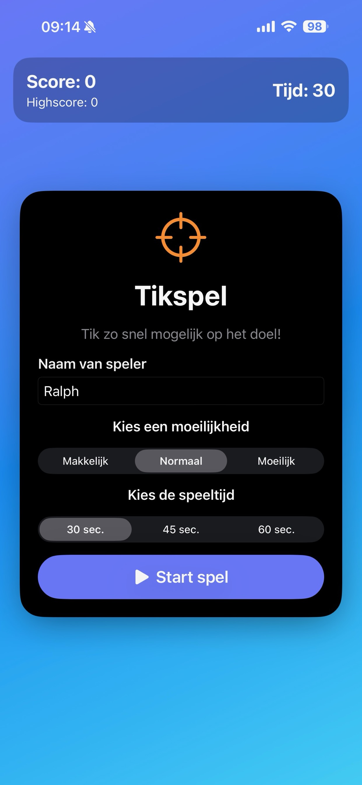 Het startscherm van TikSpel